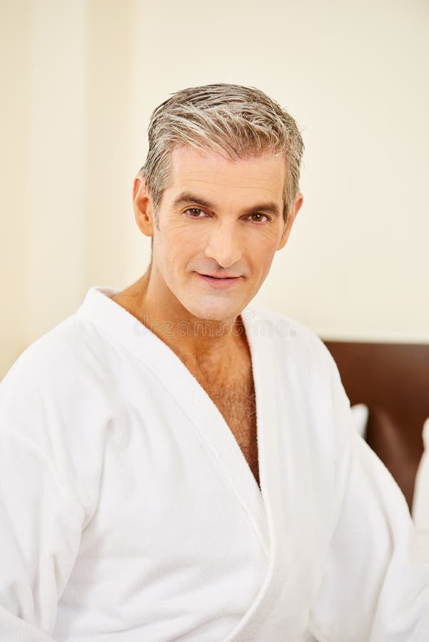 Elderly Man in Bathrobe in Bedroom Stock Image Image of people