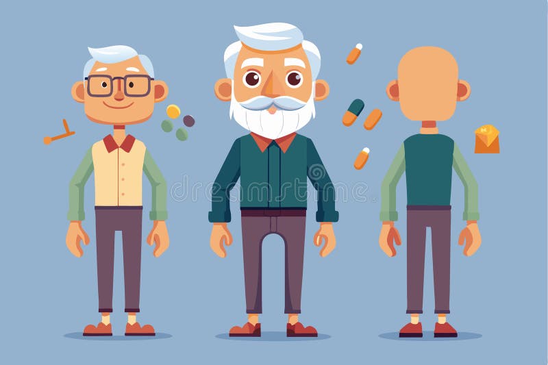 Elderly man character design featuring various angles and details for animation development, showcasing personality traits and vector illustration