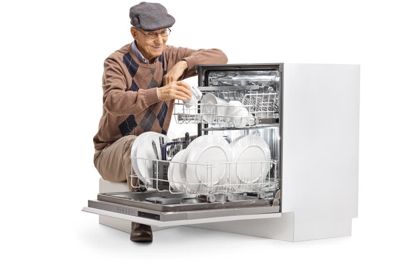 Elderly Man Loading a Dishwasher and Smiling Stock Image Image of