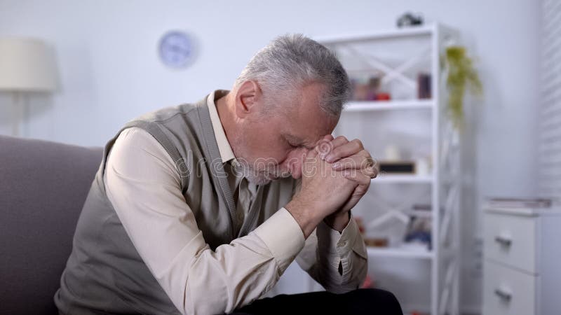Elderly man sadly bowed head, feeling lonely and depressed, old age crisis royalty free stock photography Elderly man sadly bowed head, feeling lonely and depressed, old age crisis royalty free stock photography