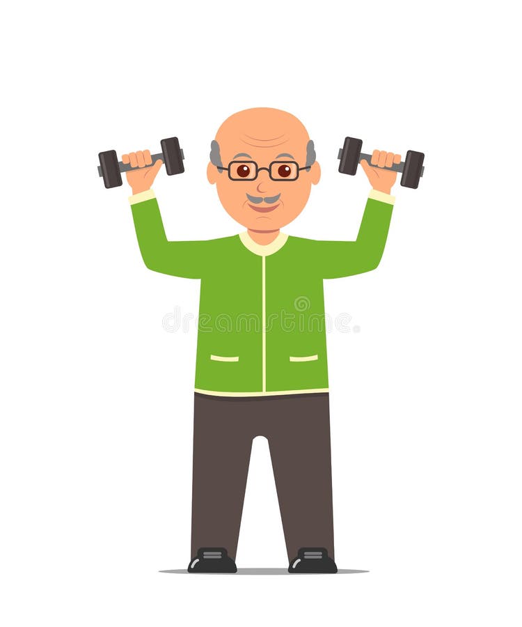 Elderly man in a sports suit trains with dumbbells. Active and healthy lifestyle old people.