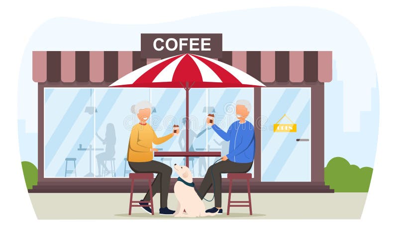 Happy grandparents with pet dog in cafe. Elderly couple sitting at table drinking coffee. Free time and leisure. Cartoon flat vector illustration with fictional human characters. Happy grandparents with pet dog in cafe. Elderly couple sitting at table drinking coffee. Free time and leisure. Cartoon flat vector illustration with fictional human characters