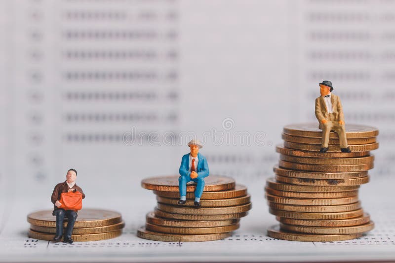 Elderly people figure sitting on stack of silver coins on bank passbook.