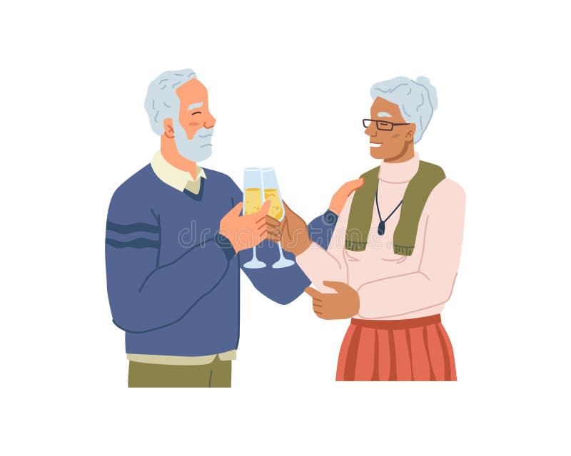 Senior people drinking sparkling wine or champagne from glasses. Vector elderly woman and man celebrating special occasion or anniversary. Characters tasting alcoholic beverage. Isolated pensioners. Senior people drinking sparkling wine or champagne from glasses. Vector elderly woman and man celebrating special occasion or anniversary. Characters tasting alcoholic beverage. Isolated pensioners
