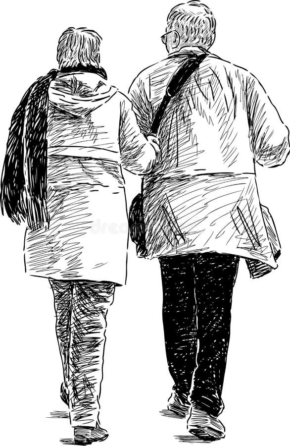 Vector drawing of an elderly couple at walk. Vector drawing of an elderly couple at walk.