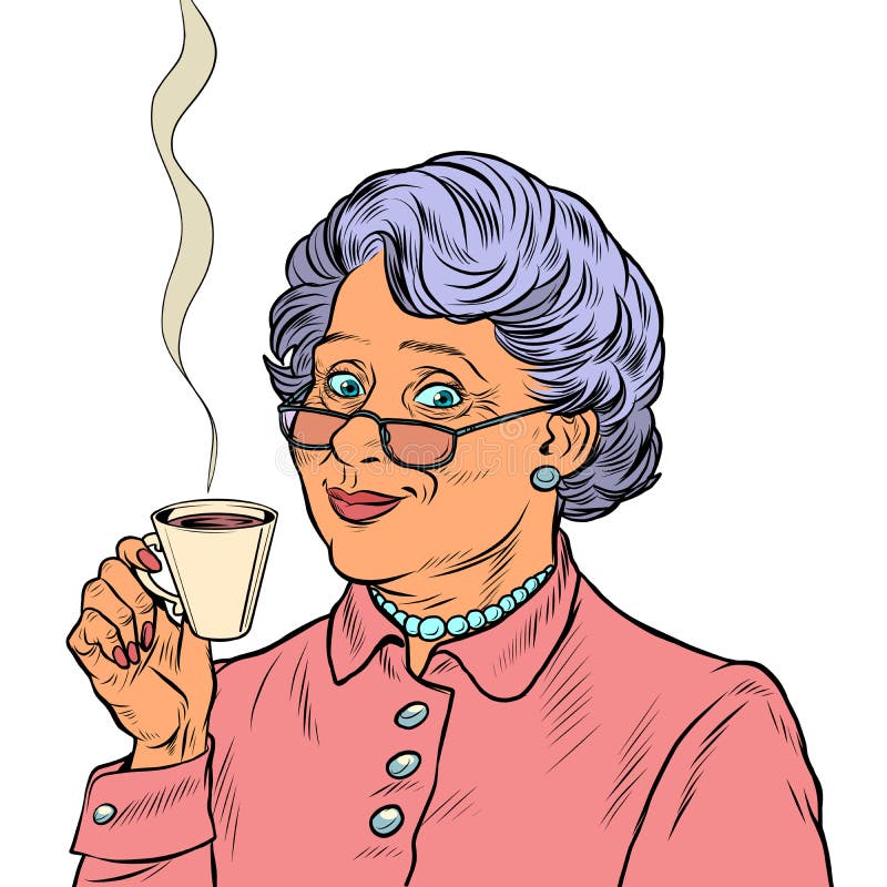 Elderly woman drinking tea. Pop art retro vector illustration 50s 60s style