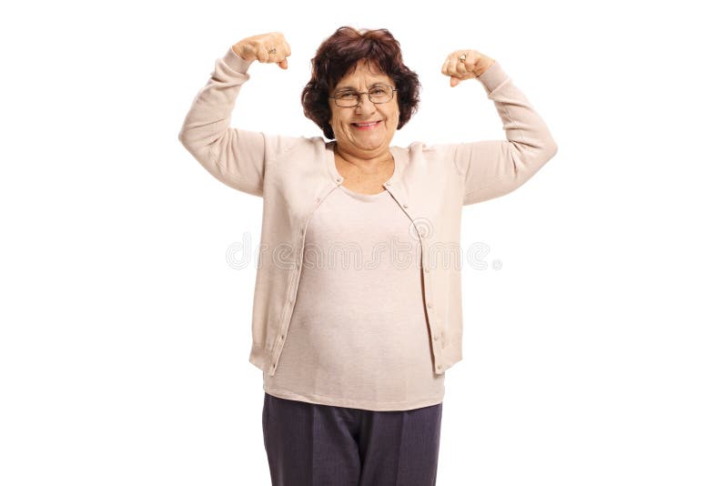 Elderly woman flexing her biceps isolated on white background