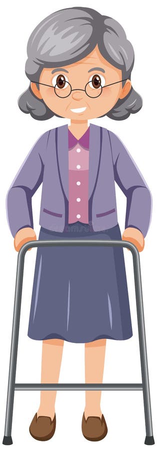 Elderly woman with walker illustration. Old lady walker clip art vectors