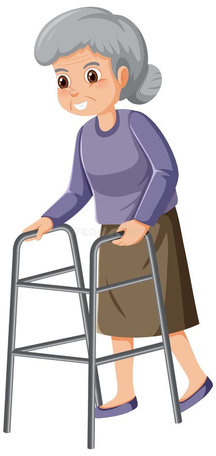 Elderly woman with walker illustration. Old lady walker clip art vectors