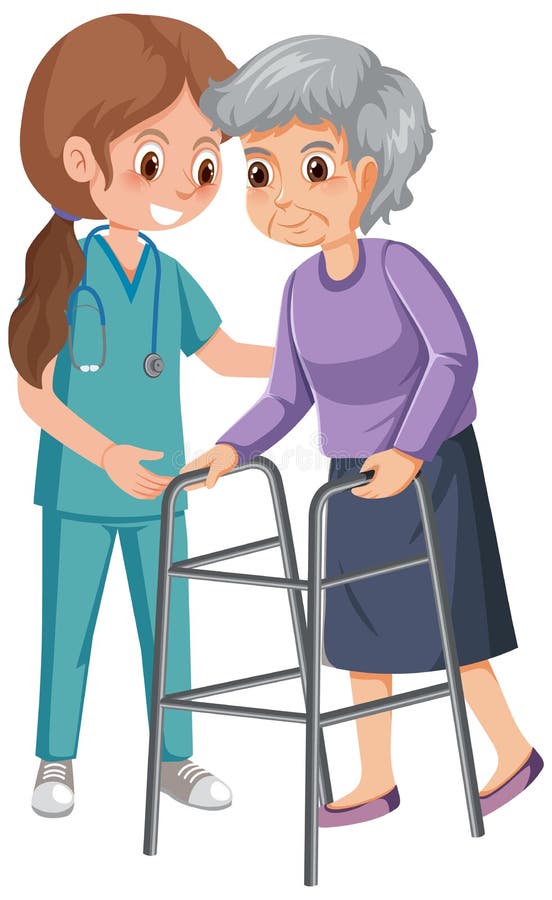 Elderly woman with walker and nurse illustration. Old lady walker clip art vectors