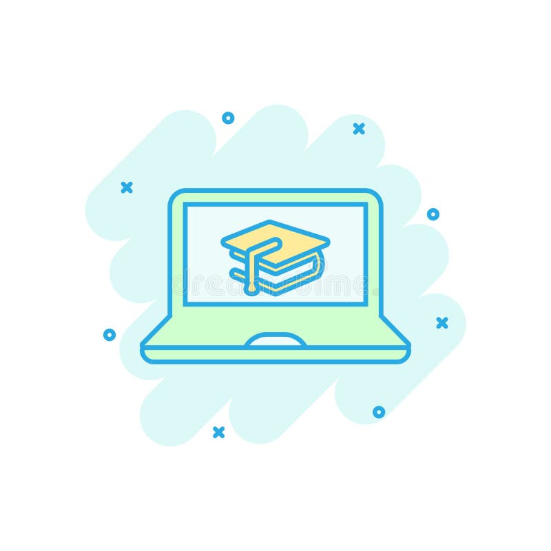 Elearning education icon in comic style. Study vector cartoon illustration pictogram. Laptop computer online training business stock illustration Elearning education icon in comic style. Study vector cartoon illustration pictogram. Laptop computer online training business stock illustration
