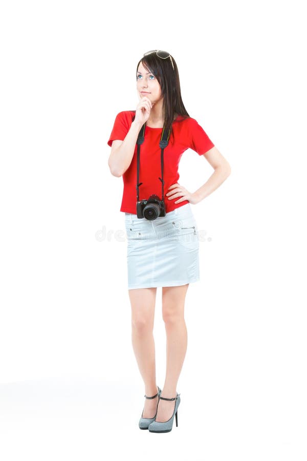 Elección Difícil. Una Hermosa Joven Con Blusa Roja Y Falda Blanca Pensando En La Fotográfica Imagen de archivo - Imagen foto, problema: