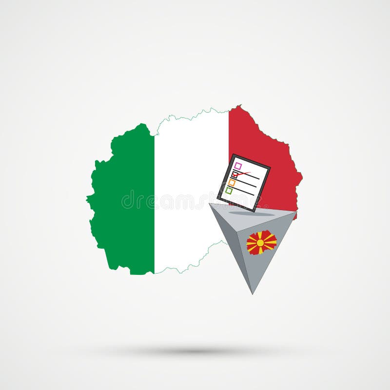 Elección o referéndum en Macedonia Urna y voto de calidad en el fondo blanco Mapa de Macedonia en las banderas de Italia en fondo stock de ilustración Elección o referéndum en Macedonia Urna y voto de calidad en el fondo blanco Mapa de Macedonia en las banderas de Italia en fondo stock de ilustración