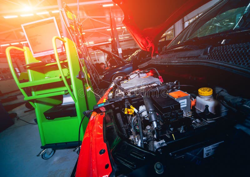 Electic Car with Open Hood. Details of Electric Car Engine Stock Image