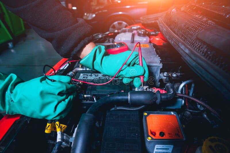 Electic Car with Open Hood. Details of Electric Car Engine Stock Photo