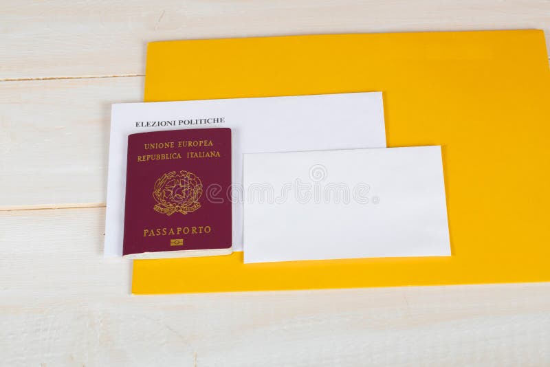 Electoral package for Italian residents abroad, Italian passport. And blank envelope. Translation - Political Elections. On the pass - EU Italian Republic royalty free stock photos Electoral package for Italian residents abroad, Italian passport. And blank envelope. Translation - Political Elections. On the pass - EU Italian Republic royalty free stock photos