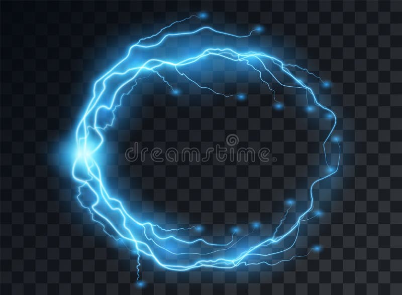 Electric blue discharge, lightning flashes in the shape of a round frame with the effect of soft transparent glow. Isolated. stock illustration