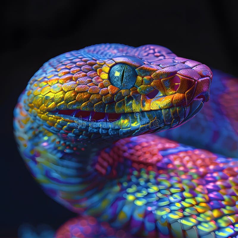 Electric blue serpent stares at camera in closeup macro photography royalty free stock photo
