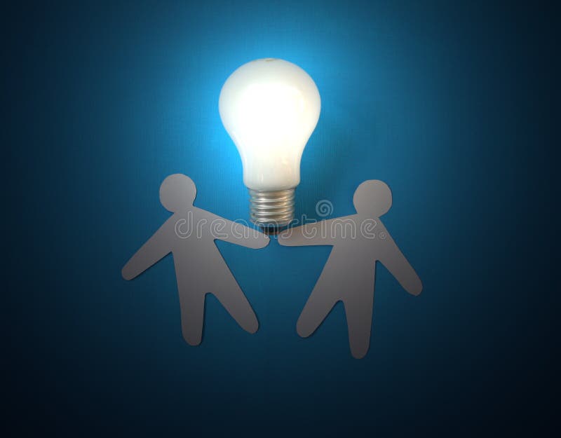 On a blue background silhouettes of two people hold an electric bulb.