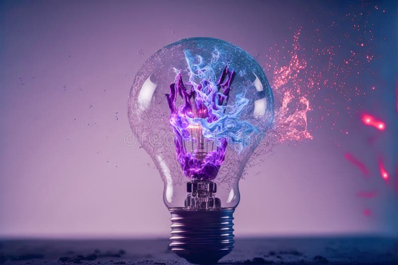 Electric Bulb Breaking and Explode Blue and Purple Lights Concept of