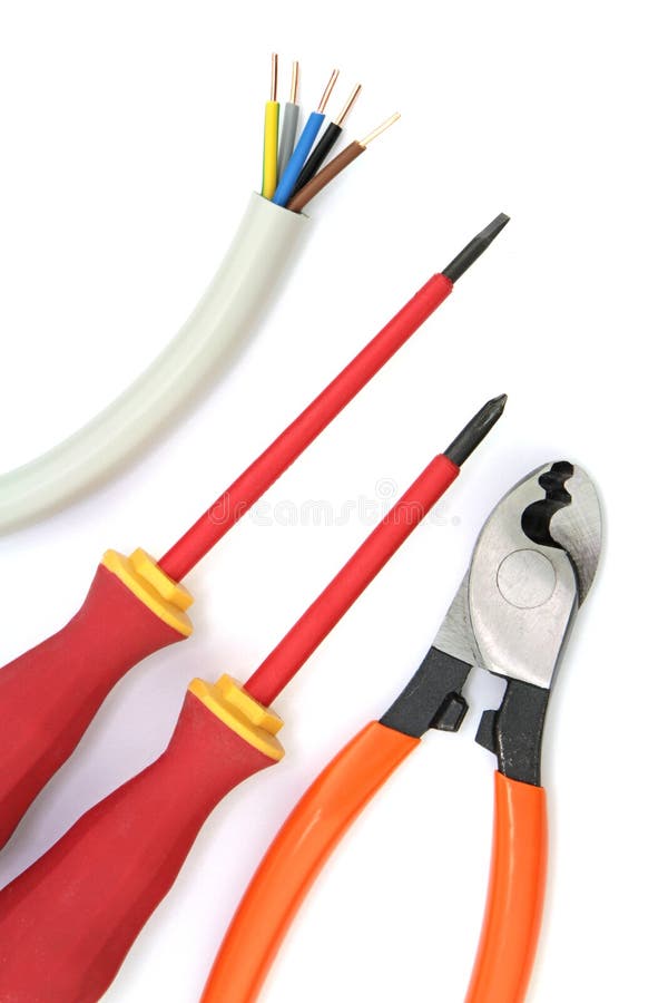 Electric Cable with Tools on a White Background Stock Photo Image of