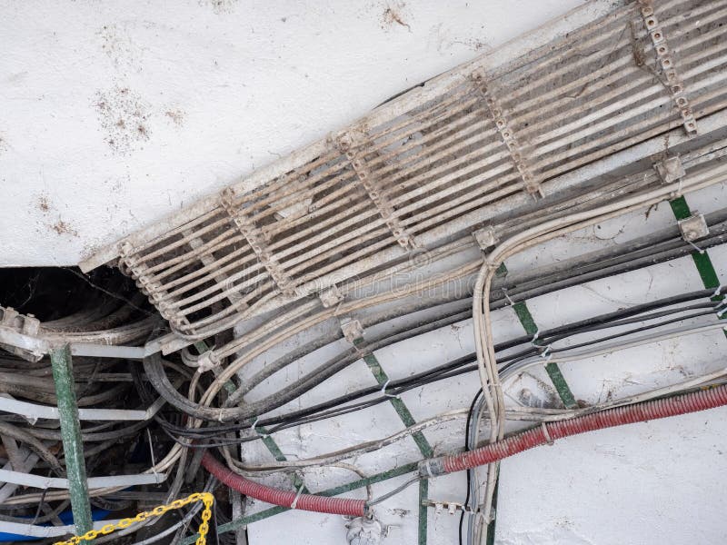 Electric Cables. the Close Up View on Lots of Cables at a Wall Stock
