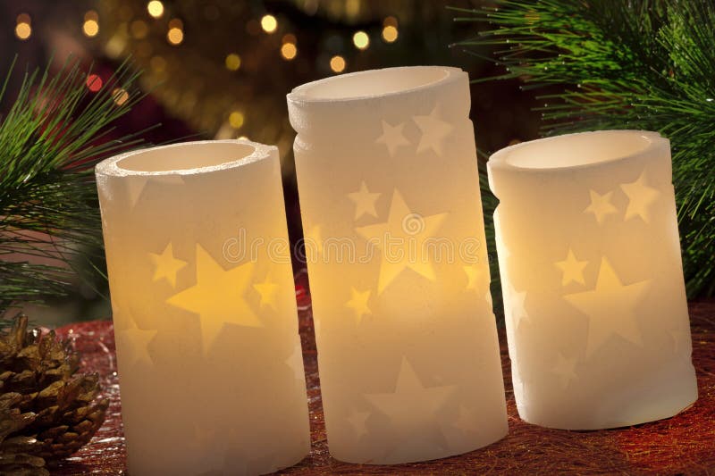 Electric Candles with Christmas Decorations in Atmospheric Light Stock Photo Image of advent