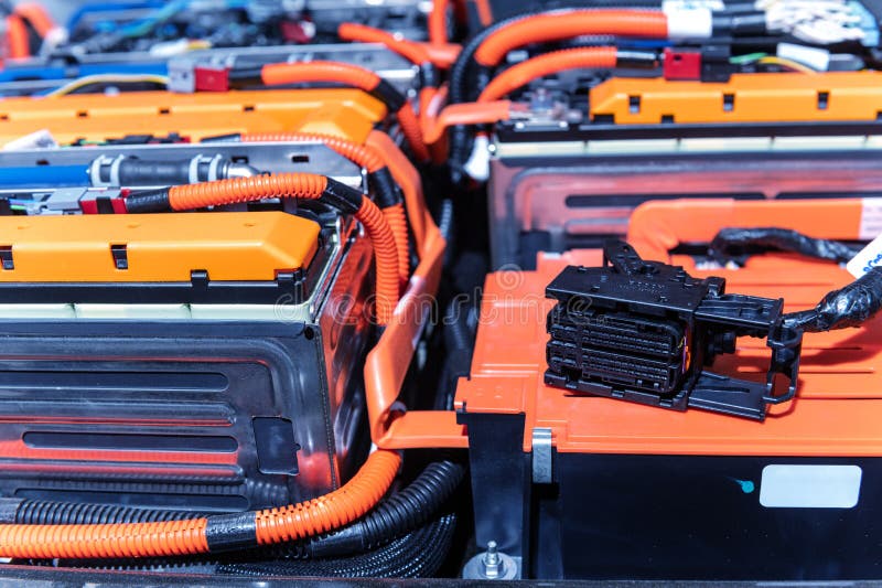 Electric Car Battery with Power Connections Closeup. Blue Toned. EV Car