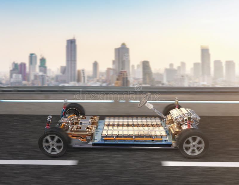 Electric Car Business with Ev Car with Pack of Battery Cells on Road