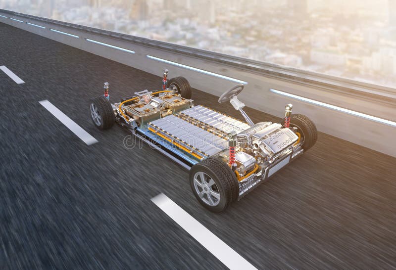 Electric Car with Pack of Battery Cells Module on Platform Stock