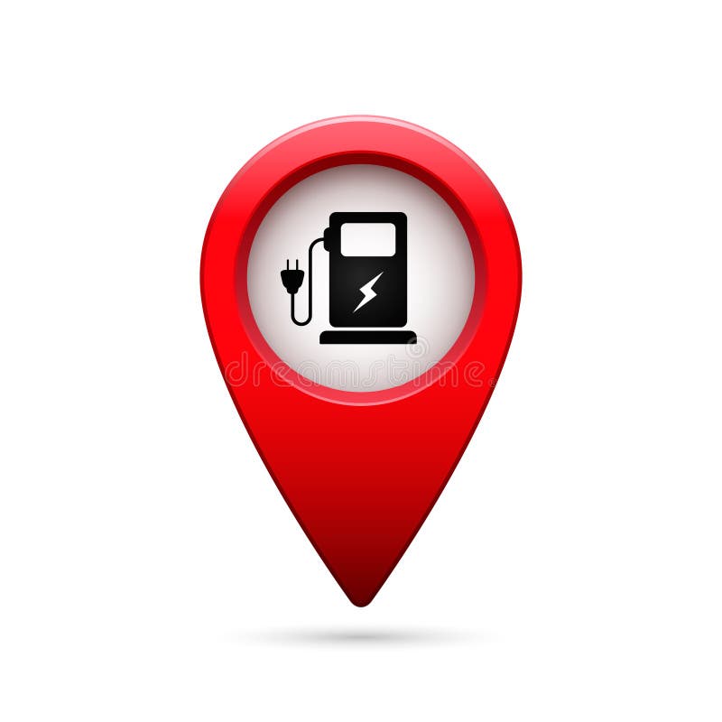 Electric Car Charge Station Map Pointer, Vector Red Pin Symbol Stock