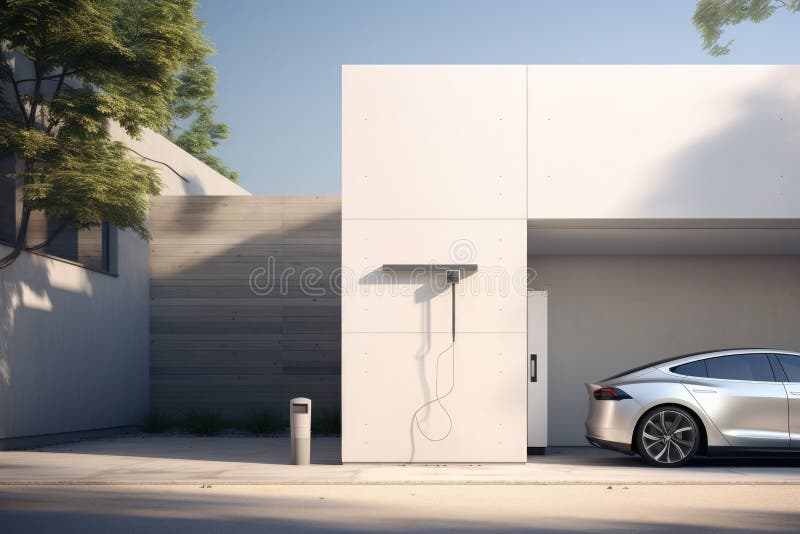 Electric Car Charging in Front of Garage Stock Illustration