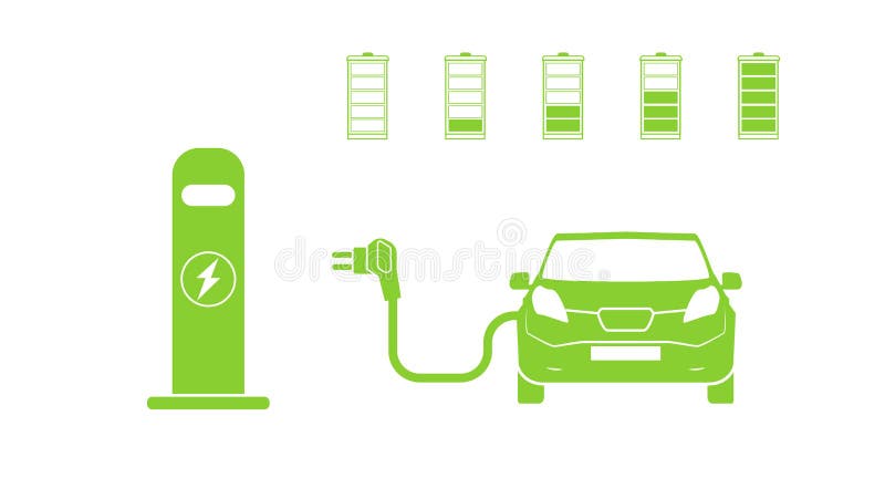 Electric car and Electrical charging station symbol. Electric car icon isolated. Electric Vehicle Charging Station road sign template with set of icons. Vector illustration