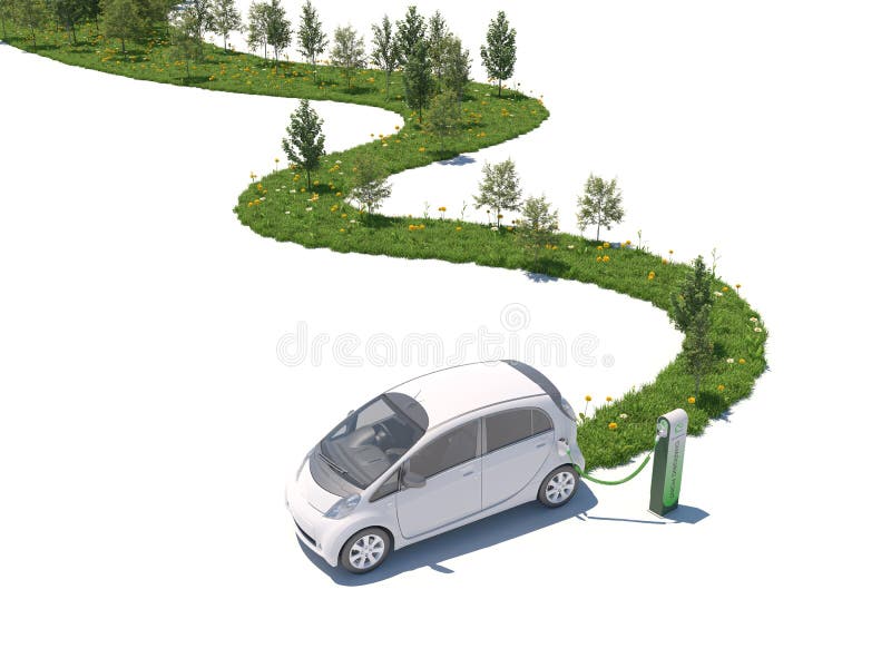 Electric Car Growing Nature on Its Path Stock Illustration