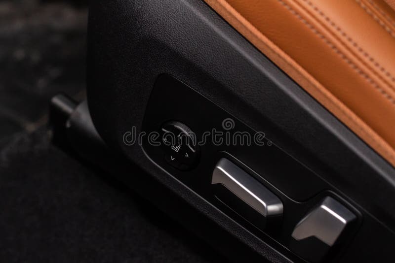 Electric Car Seat Adjustment Control Panel Close Up View. Stock Photo