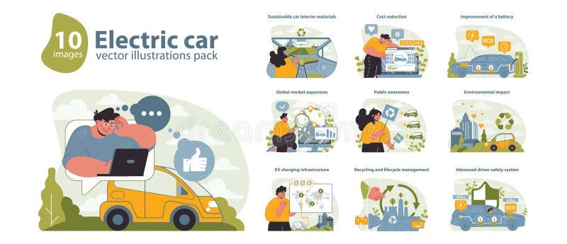 Electric Car Vector Illustrations Pack. A comprehensive set of visuals exploring electric vehicle technology. royalty free illustration
