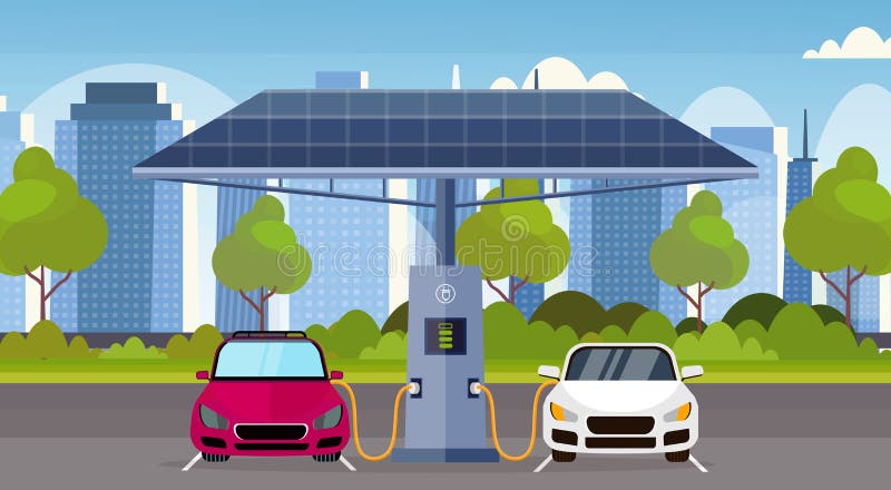 Electric cars charging on electrical charge station with solar panels renewable eco friendly transport environment care concept flat modern cityscape background horizontal vector illustration