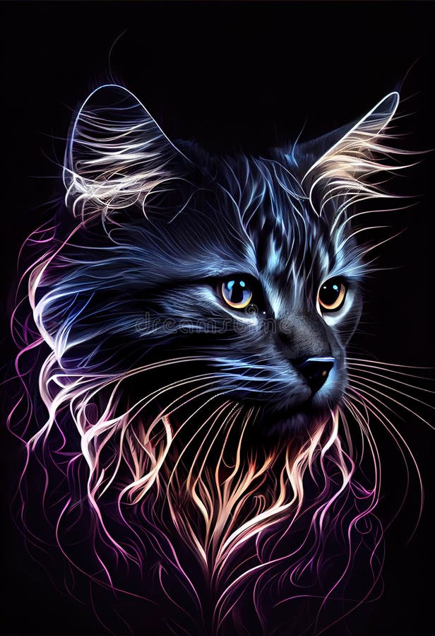 Electric Cat Magical Print. AI Render. Stock Illustration
