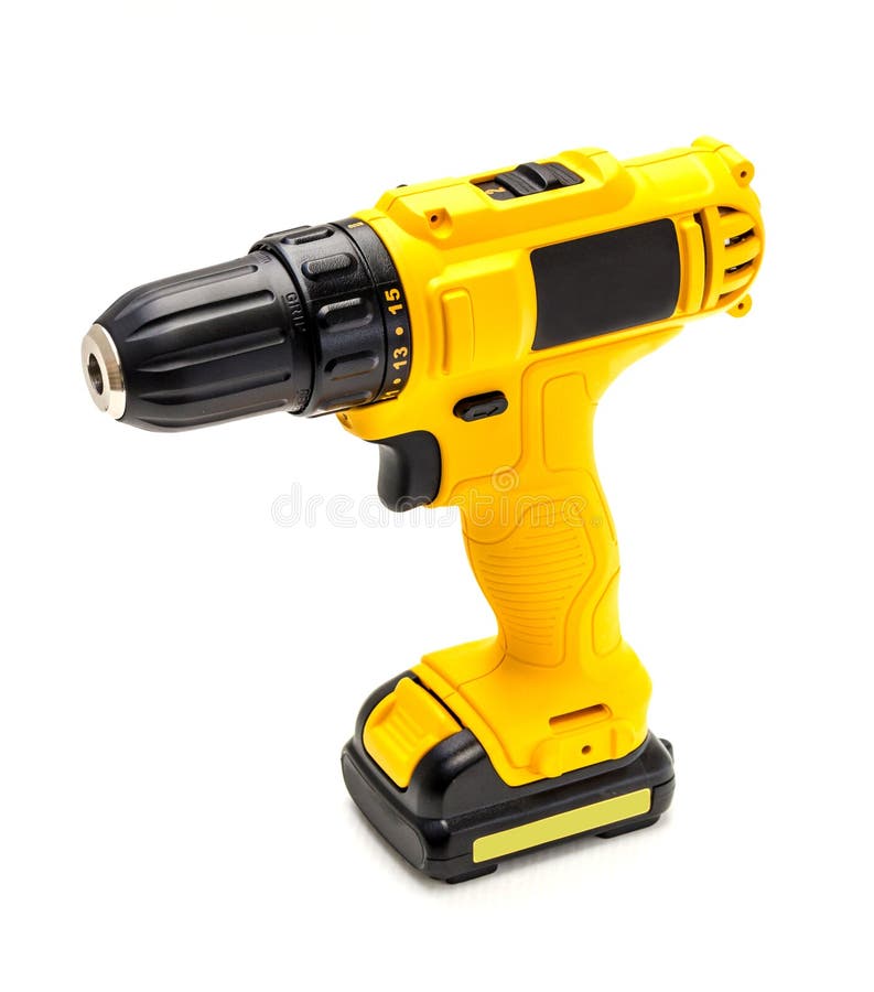 Drill. Set of Cordless Drills on a White Background. Tool for Drilling and Making Holes Stock