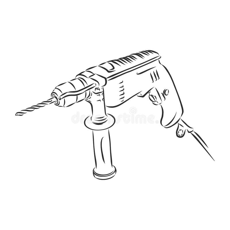 Electric Drill Drawing Isolated on White Background. Drill Vector