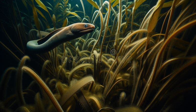 Electric Eel Navigating through Dense Aquatic Vegetation Stock Photo