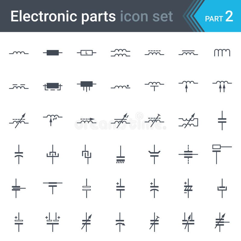 Electric and electronic circuit diagram symbols set of inductors, coils, capacitors and electric condensers