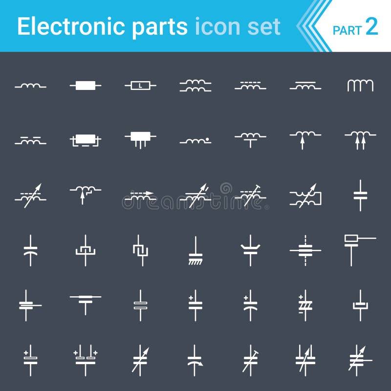 Electric and electronic icons, electric diagram symbols. Inductors, coils, capacitors and electric condensers.