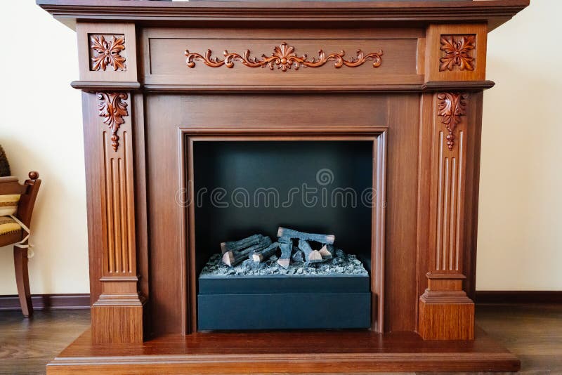 Electric Fireplace in the Living Room. Classic Interior. Stock Photo