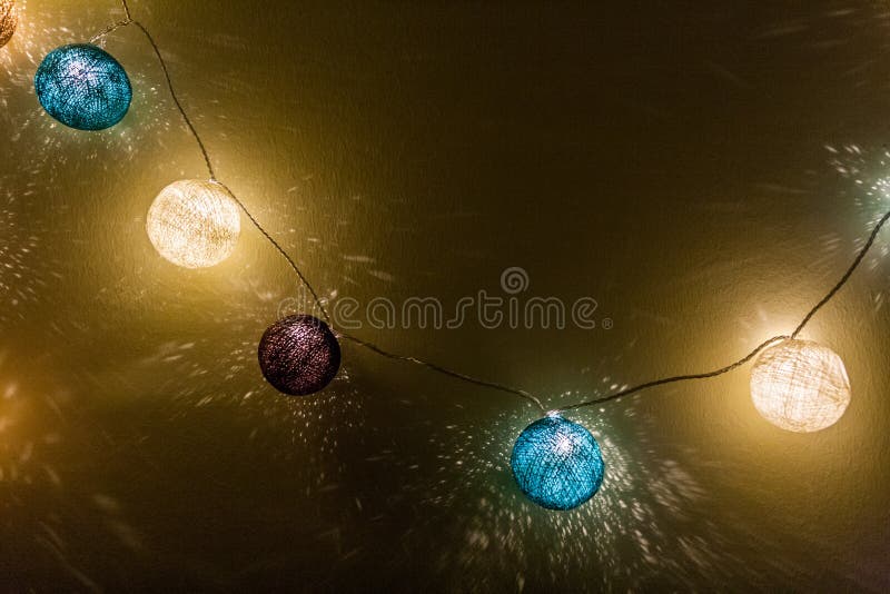 Electric Garland Lights with Balls of Yarn. Stock Image Image of
