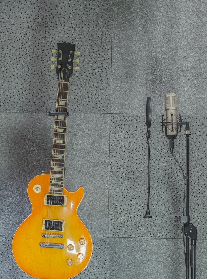 Electric Guitar in Recording in Room Mic Condenser Stock Photo Image