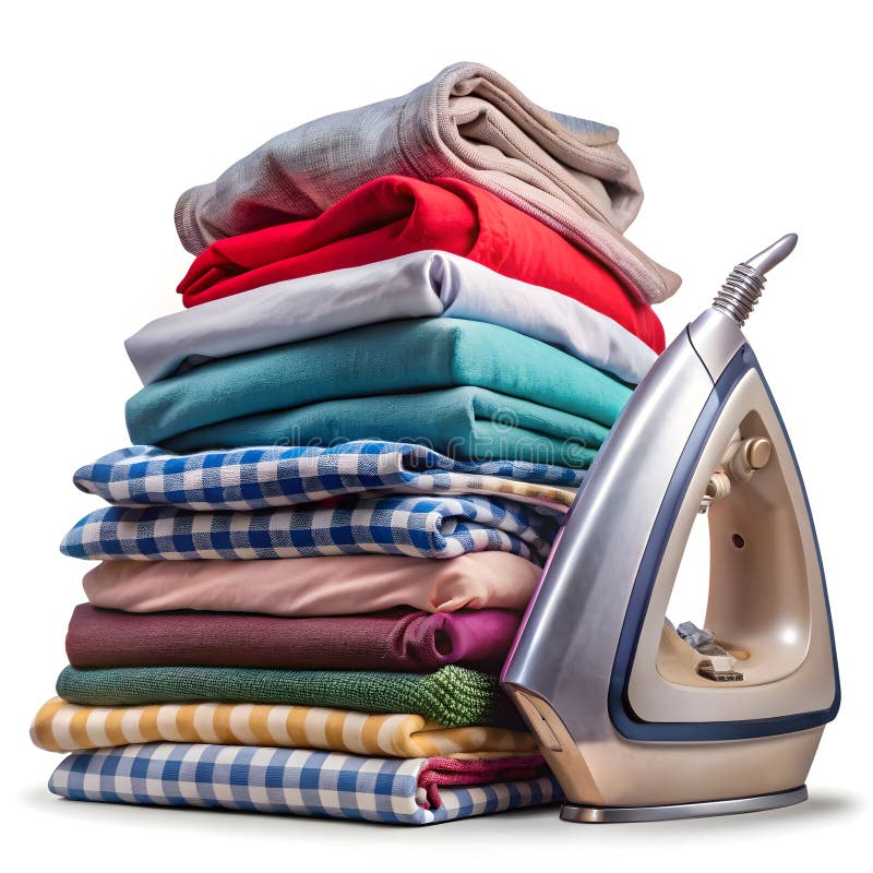 Electric iron and pile of clothes isolated on transparent background vector illustration