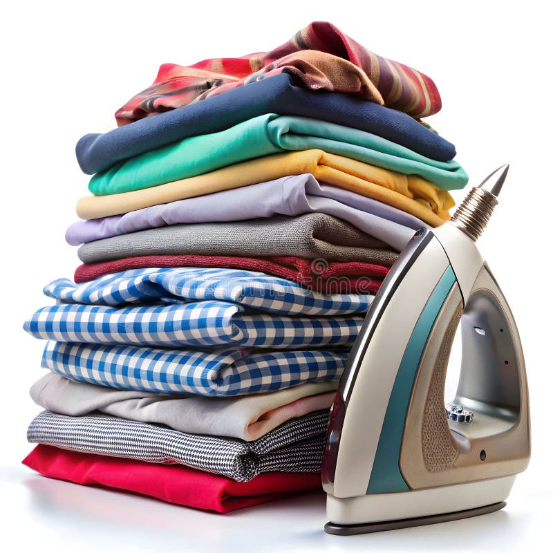 Electric iron and pile of clothes isolated on transparent background stock illustration