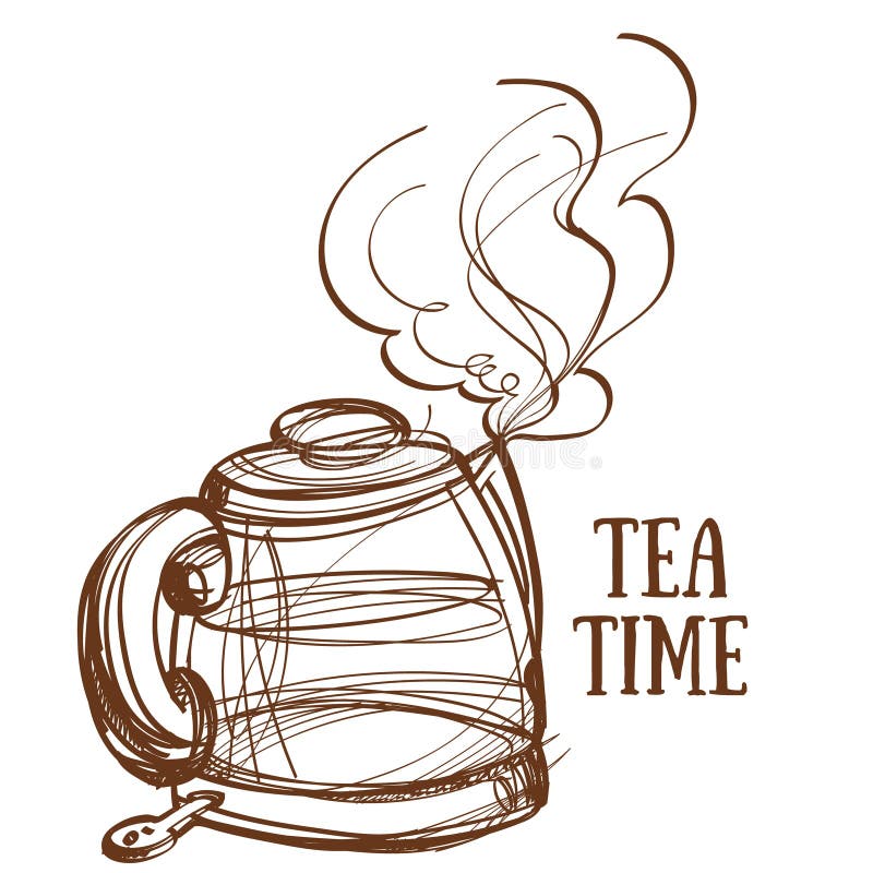 Electric Kettle with Boiling Water, Outline Sketch Stock Illustration