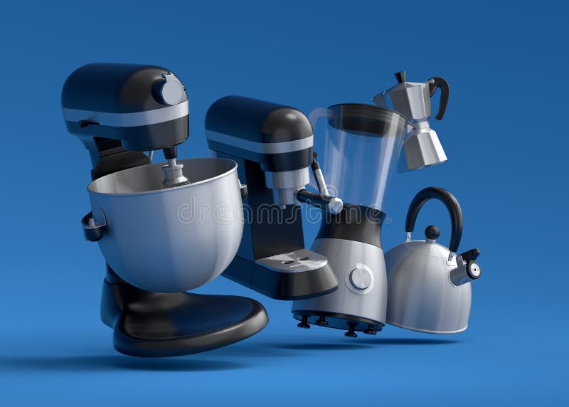 Electric Kitchen Appliances and Utensils for Making Breakfast on Blue